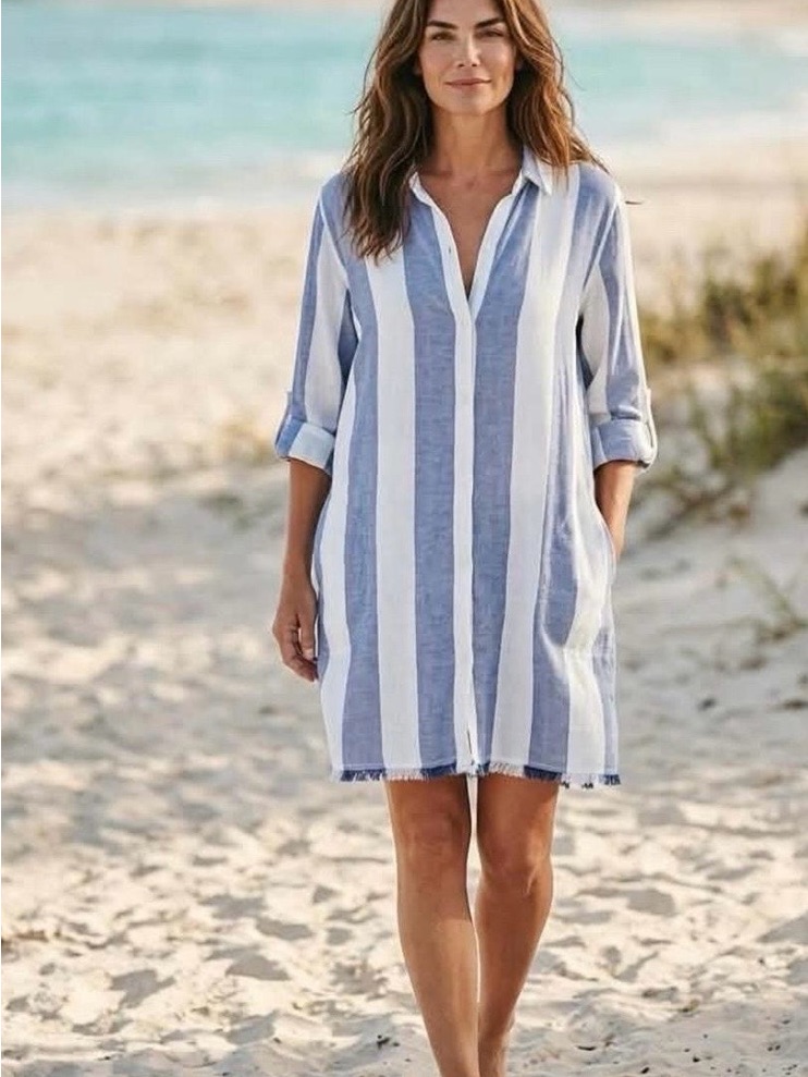 Tommy Bahama Blue And White Vertical-Strip Cover-Up Dress